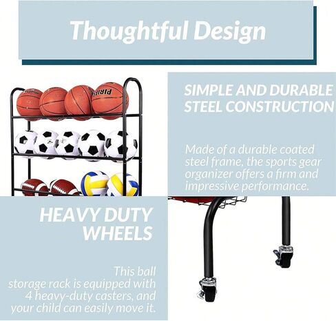 Sports Equipment Organizer, Ball Storage Cart with Baskets and Hooks, Rolling Gear Storage for Garage, Black Steel in Kuwait