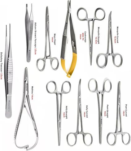 أدوات ممارسة طب الأسنان و Suture لطلاب الطب عن طريق الفم أدوات الأدوات الجراحية - 15pcs مجموعة | مقص غرزة ، ملقط البعوض ، الملقط ، مقابض Scalpel ، TC Goldman Fox | الفولاذ المقاوم للصدأ in Kuwait