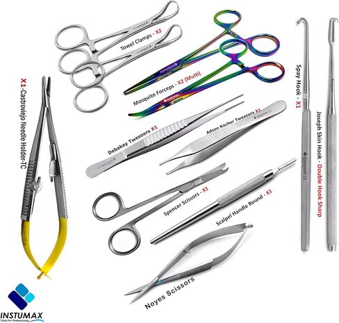 أدوات ممارسة طب الأسنان و Suture لطلاب الطب عن طريق الفم أدوات الأدوات الجراحية - 15pcs مجموعة | مقص غرزة ، ملقط البعوض ، الملقط ، مقابض Scalpel ، TC Goldman Fox | الفولاذ المقاوم للصدأ in Kuwait