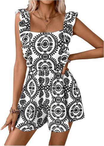 Milumia Women's Floral Print Ruffle Trim Sleeveless Romper Bow Backless Wide Leg Shorts Jumpsuit in Saudi Arabia
