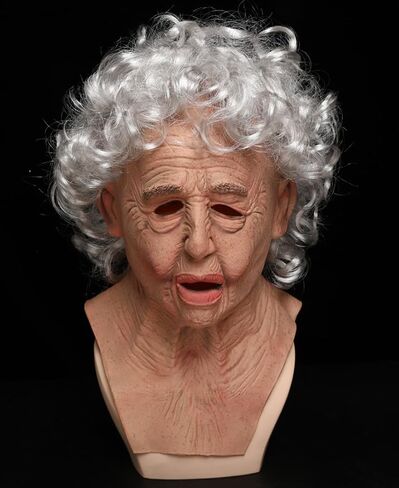 Kuberas Old Woman Mask Realistic Scary Granny Creepy Old Lady with Wrinkled Wig Halloween Cosplay Costume Props for Adults in Kuwait