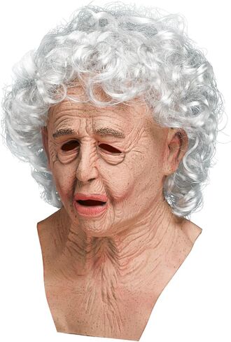 Kuberas Old Woman Mask Realistic Scary Granny Creepy Old Lady with Wrinkled Wig Halloween Cosplay Costume Props for Adults in Kuwait