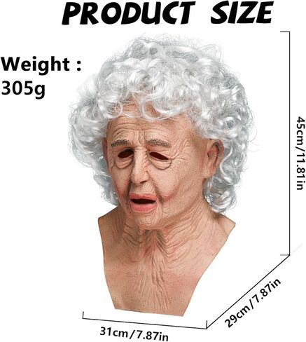 Kuberas Old Woman Mask Realistic Scary Granny Creepy Old Lady with Wrinkled Wig Halloween Cosplay Costume Props for Adults in Kuwait