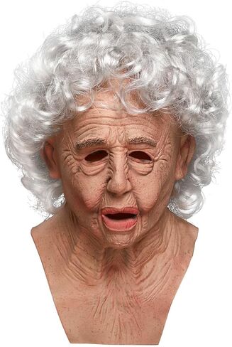 Kuberas Old Woman Mask Realistic Scary Granny Creepy Old Lady with Wrinkled Wig Halloween Cosplay Costume Props for Adults in Kuwait