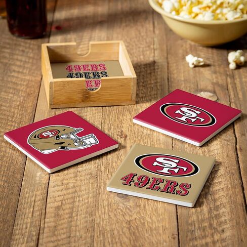 مجموعة هدايا NFL San Francisco 49ers Coasters مع علبة خشبية، 4 قطع قواعد أكواب من حجر السيراميك مع حامل خشبي، ديكور لطاولة كرة القدم للمنزل، البار، كهف الرجل، عطلة للرجال والنساء in Saudi Arabia