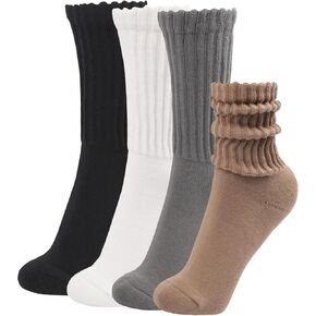 4 Pairs Women Slouch Crew Socks Retro Solid Cotton Mid Calf Ribbed Scrunch Stacked Tube Socks for Daily Casual Wear in Saudi Arabia
