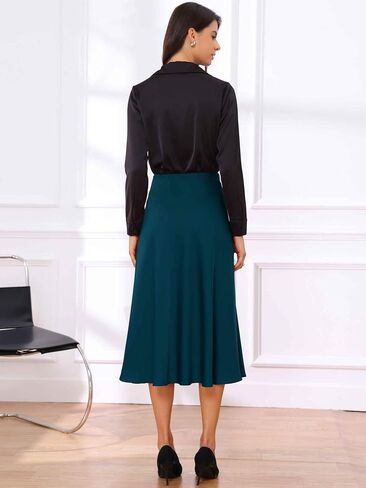 تنورة Allegra K Satin Midi للسيدات عالي الخصر A-LINE LINE مرنة تلاشى التنانير غير الرسمية الأنيقة in Saudi Arabia