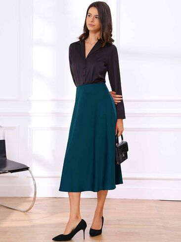 تنورة Allegra K Satin Midi للسيدات عالي الخصر A-LINE LINE مرنة تلاشى التنانير غير الرسمية الأنيقة in Saudi Arabia