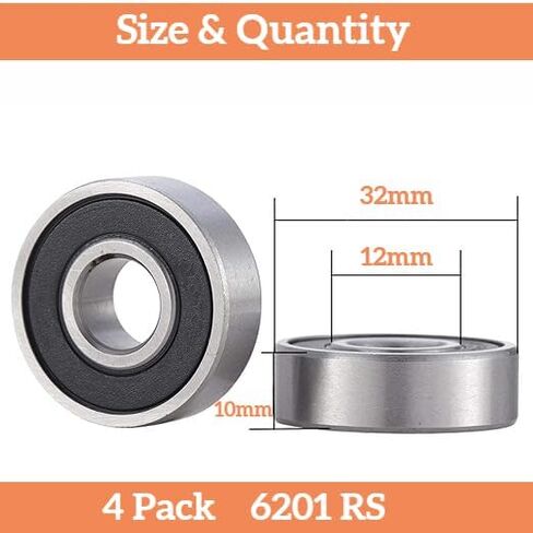 4 عبوات من محامل الكرات 6201RS - محامل كروية 12x32x10 مم من الفولاذ والمطاط المزدوج محكمة الغلق ومحامل كروية ذات أخدود عميق. (4 قطع 6201RS) in Kuwait