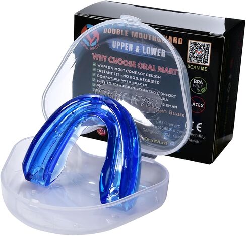 Oral Mart Braces Mouth Guard for Sports (Pure Clear) - Double (Upper & Lower) Mouthguard for Lacrosse, Hockey, Muay Thai, Football, MMA, Rugby, Karate, Boxing - No Boil Required (with Case) in Kuwait