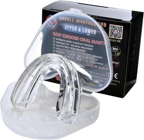 Oral Mart Braces Mouth Guard for Sports (Pure Clear) - Double (Upper & Lower) Mouthguard for Lacrosse, Hockey, Muay Thai, Football, MMA, Rugby, Karate, Boxing - No Boil Required (with Case) in Kuwait