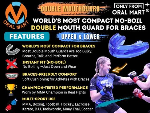 Oral Mart Braces Mouth Guard for Sports (Pure Clear) - Double (Upper & Lower) Mouthguard for Lacrosse, Hockey, Muay Thai, Football, MMA, Rugby, Karate, Boxing - No Boil Required (with Case) in Kuwait