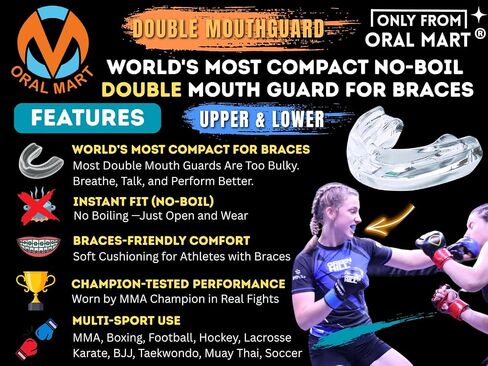 Oral Mart Braces Mouth Guard for Sports (Pure Clear) - Double (Upper & Lower) Mouthguard for Lacrosse, Hockey, Muay Thai, Football, MMA, Rugby, Karate, Boxing - No Boil Required (with Case) in Kuwait
