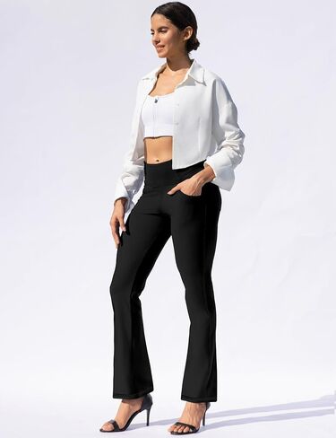 VOOVEEYA Women's Fleece Lined Leggings Flare Pants with Pockets Thermal Warm High Waisted Winter Bootcut Yoga Dress Pants in Kuwait