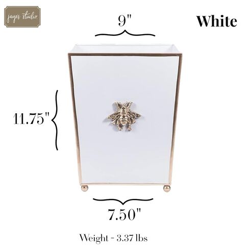 Jaye's Studio Line Line Square Square Wastebasket & Garbage Bin ، صندوق القمامة المعدنية المرسومة باليد لغرفة النوم ، المكتب ، الحمام ، 9 "× 9" × 12 (أبيض ، نحلة ذهبية) in Kuwait