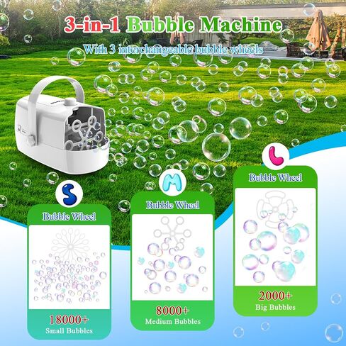 Bubble Machine, 3 in 1 Bubble Maker, Bubble Blower with Replaceable Bubble Wands, 18000+ Bubbles Per Minute, Operated by Plug-in or Batteries, Bubble Toys for Indoor Outdoor Birthday Party in Saudi Arabia