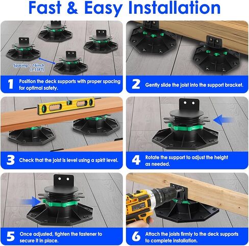 24Pack Upgraded Adjustable Deck Support Pedestal，Deck Foundation Base Support ，Adjustment Raising from 1-9/16" to 2-3/8"，with Fastener Ring for Maximum Stability，Flooring Joist Supports，Black in Saudi Arabia