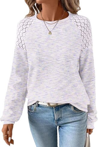 SHEWIN Fall Tops for Women Casual Crew Neck Waffle Knit Lace Raglan Long Sleeve Shirts Loose Fit Blouses Top in Saudi Arabia