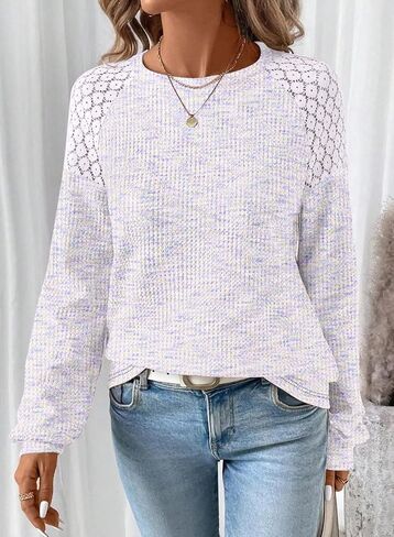 SHEWIN Fall Tops for Women Casual Crew Neck Waffle Knit Lace Raglan Long Sleeve Shirts Loose Fit Blouses Top in Saudi Arabia