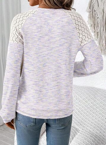 SHEWIN Fall Tops for Women Casual Crew Neck Waffle Knit Lace Raglan Long Sleeve Shirts Loose Fit Blouses Top in Saudi Arabia