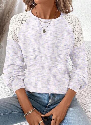 SHEWIN Fall Tops for Women Casual Crew Neck Waffle Knit Lace Raglan Long Sleeve Shirts Loose Fit Blouses Top in Saudi Arabia