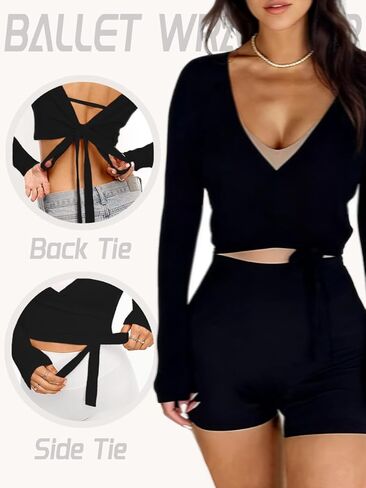 قمصان Danysu Ballet Wrap بأكمام طويلة وربطة عنق متقاطعة، ملابس رقص عميقة على شكل حرف V، سترات خريفية in Kuwait