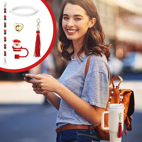 مجموعة إكسسوارات سيليكون مكونة من 5 قطع من Skylety لأكواب سعة 8-40 أونصة - تتضمن حزام زجاجة مطرز بالسيليكون، وحلية شرابة جلدية، وغطاء من القش، وحلقة كأس مطاطية (أحمر، أخضر، عيد الميلاد) in Saudi Arabia