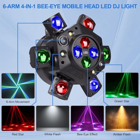مصابيح DJ ذات رأس متحرك، مصابيح رأس متحركة RGBW LED بقدرة 150 وات، مصابيح حفلات 6 أذرع، ضوء تأثير عيون النحل 4 في 1، نجم أحمر أخضر، ستروب أبيض وعنبر، يدعم DMX-512 وجهاز تحكم عن بعد لشريط الحفلات ديسكو كلوب دي جي in Kuwait