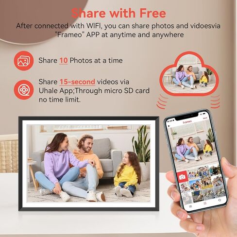 إطار صورة رقمي Frameo مقاس 10.1 بوصة، إطار صور رقمي ذكي يعمل بتقنية WiFi مع ذاكرة 32 جيجا، شاشة لمس عالية الدقة، تدوير تلقائي in Kuwait