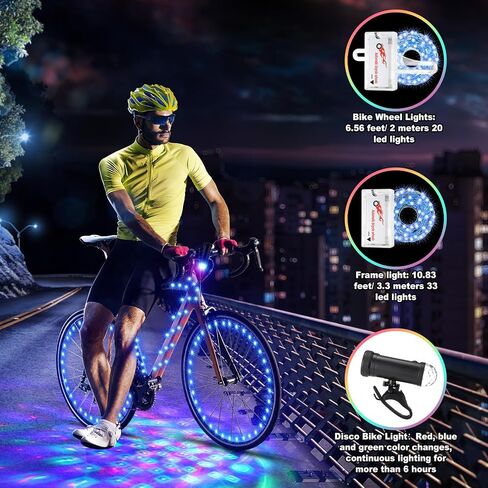 VIHOSE 4 قطع دراجة ديسكو LED ضوء 2 عجلة دراجة 1 إطار أضواء LED و1 مصابيح أمامية مع دراجة تعمل بالبطارية ملحقات مشرقة لركوب الدراجات هدايا حفلات الديسكو ركوب ليلًا مقاومة للماء in Kuwait