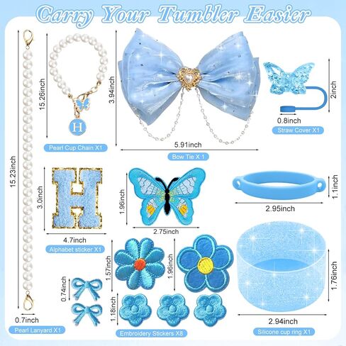 Stanley Cup Accessories,15pcs Bling Accessories for Stanley Cup 30oz 40oz Tumbler Including Straw Cover Sticker,Bow Straw Topper,Pearl Handle Strap,Suitable for Stanley Cup in Saudi Arabia