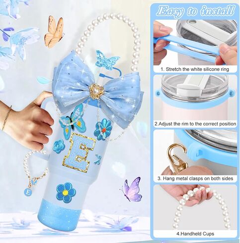 Stanley Cup Accessories,15pcs Bling Accessories for Stanley Cup 30oz 40oz Tumbler Including Straw Cover Sticker,Bow Straw Topper,Pearl Handle Strap,Suitable for Stanley Cup in Saudi Arabia