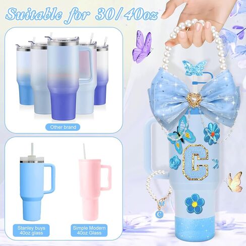 Stanley Cup Accessories,15pcs Bling Accessories for Stanley Cup 30oz 40oz Tumbler Including Straw Cover Sticker,Bow Straw Topper,Pearl Handle Strap,Suitable for Stanley Cup in Saudi Arabia