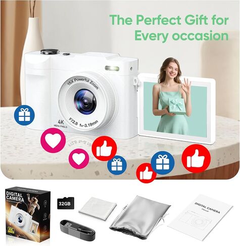 4K Digital Camera for Photography- 50MP Autofocus Vlogging Camera with 2.8" 180°Flip Screen, 18X Digital Zoom- Compact Point and Shoot Camera with 32GB TF for YouTube, Travel, Beginners, Pink in Saudi Arabia