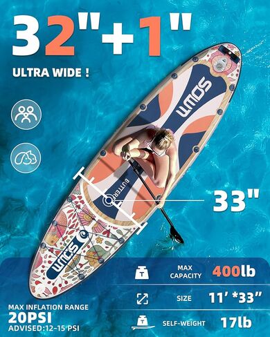 ألواح مجداف قابلة للنفخ 11'x33 '' ، قفا SUP Paddle Board قابلة للنفخ للشباب البالغين ، extre wide وغير انزلاق SUP من جميع مستويات المهارة in Saudi Arabia