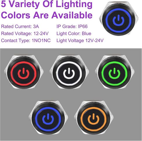 DMiotech 2 Pack 19mm / 3/4" Aluminium Alloy Latching Push Button Switch Flat Head 3A 12-24V Black Shell 5 Pin with Cable Socket White Switch LED 1NO1NC for Car Boat Systems Custom Setups in Saudi Arabia