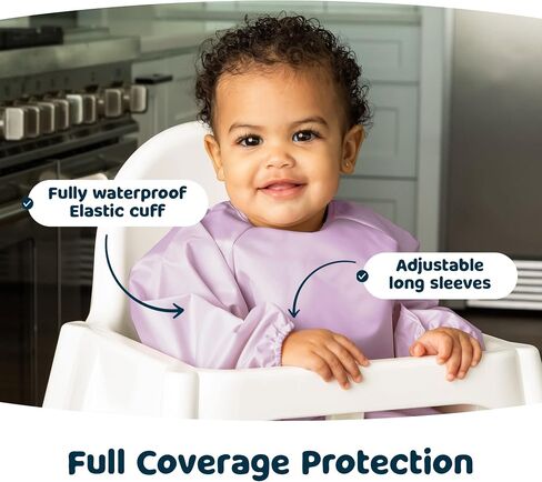 Tiny Twink Mess Proof Baby Bib ، 2 pack alweve sleeve bib oufft ، bibs مقاومة للماء للأطفال الصغار ، قابلة للغسل في الآلة ، إغلاق إثبات السحب ، ودعم الطفل للأكل ، والأكمام الطويلة (Llate Olive ، 6-24 شهرًا) in Kuwait
