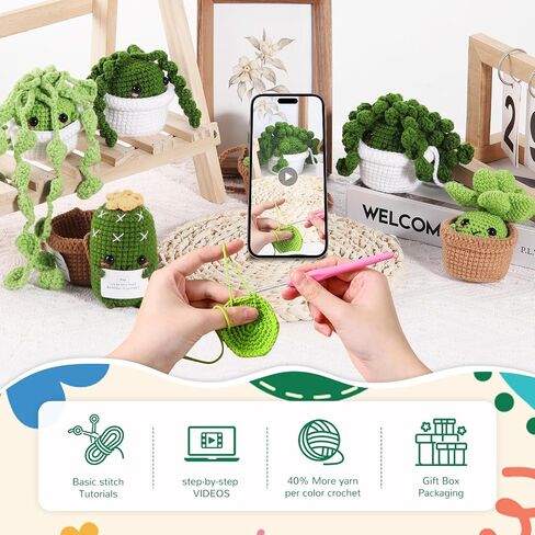 Imcrasy Crochet Kit | Crochet Kit for Beginners | Beginner Crochet Kit with Step by Step Video Lessons | 6 PC Potted Plants and Succulent Family Crochet Kit with Crochet Accessories(40%+ Yarn) in Saudi Arabia