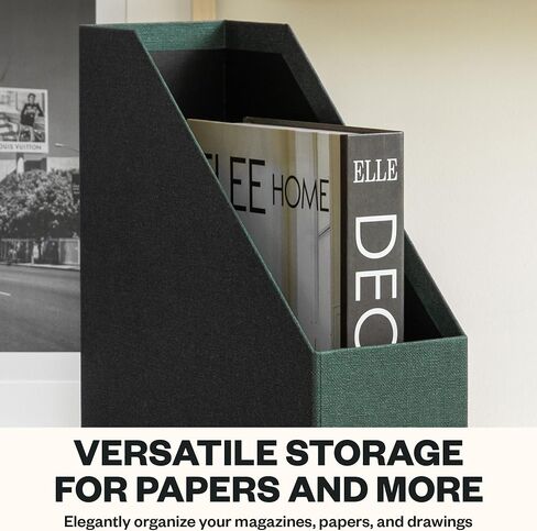 Bigso Box of Sweden Estelle Canvas Fiberboard Upright Magazine Box منظم للأوراق والكتالوجات مع مقبض الجلود | حامل ملف مجلة لمكاتب المكاتب | 12.6 "x 4.5" × 9.8 "| رمادي in Kuwait