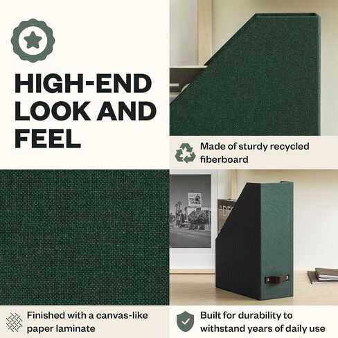 Bigso Box of Sweden Estelle Canvas Fiberboard Upright Magazine Box منظم للأوراق والكتالوجات مع مقبض الجلود | حامل ملف مجلة لمكاتب المكاتب | 12.6 "x 4.5" × 9.8 "| رمادي in Kuwait