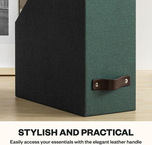 Bigso Box of Sweden Estelle Canvas Fiberboard Upright Magazine Box منظم للأوراق والكتالوجات مع مقبض الجلود | حامل ملف مجلة لمكاتب المكاتب | 12.6 "x 4.5" × 9.8 "| رمادي in Kuwait