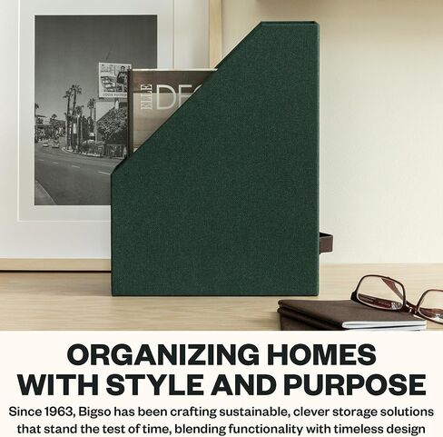 Bigso Box of Sweden Estelle Canvas Fiberboard Upright Magazine Box منظم للأوراق والكتالوجات مع مقبض الجلود | حامل ملف مجلة لمكاتب المكاتب | 12.6 "x 4.5" × 9.8 "| رمادي in Kuwait