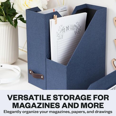 Bigso Box of Sweden Estelle Canvas Fiberboard Upright Magazine Box منظم للأوراق والكتالوجات مع مقبض الجلود | حامل ملف مجلة لمكاتب المكاتب | 12.6 "x 4.5" × 9.8 "| رمادي in Kuwait