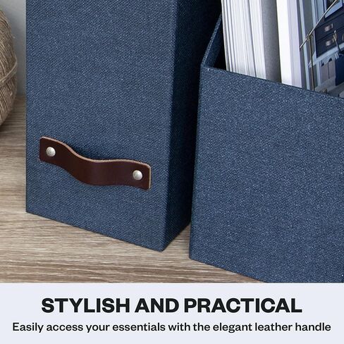 Bigso Box of Sweden Estelle Canvas Fiberboard Upright Magazine Box منظم للأوراق والكتالوجات مع مقبض الجلود | حامل ملف مجلة لمكاتب المكاتب | 12.6 "x 4.5" × 9.8 "| رمادي in Kuwait