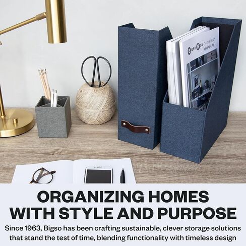 Bigso Box of Sweden Estelle Canvas Fiberboard Upright Magazine Box منظم للأوراق والكتالوجات مع مقبض الجلود | حامل ملف مجلة لمكاتب المكاتب | 12.6 "x 4.5" × 9.8 "| رمادي in Kuwait
