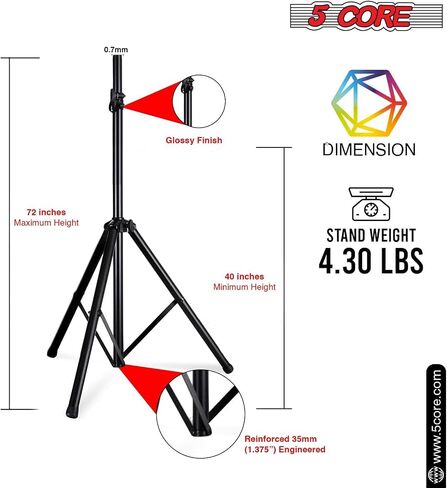 5 Core Adjustable Speaker Stand Tripod – Height 40 to 72 Inches, Max Load 100 lbs Heavy Duty Portable PA DJ Studio Monitor Mount w 35mm Compatible Insert for Stage & Home Use (Black) – SS ECO 1PK BLK in Saudi Arabia