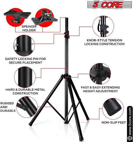5 Core Adjustable Speaker Stand Tripod – Height 40 to 72 Inches, Max Load 100 lbs Heavy Duty Portable PA DJ Studio Monitor Mount w 35mm Compatible Insert for Stage & Home Use (Black) – SS ECO 1PK BLK in Saudi Arabia