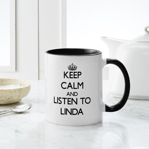 CafePress حافظ على هدوئك واستمع إلى أكواب Linda سعة 11 أونصة (325 مل) كوب قهوة من السيراميك in Saudi Arabia