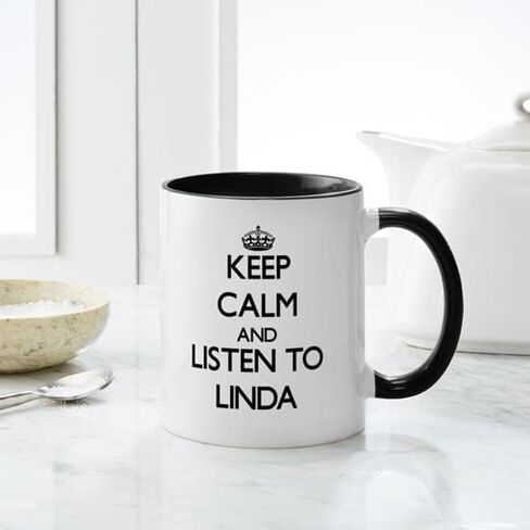 CafePress حافظ على هدوئك واستمع إلى أكواب Linda سعة 11 أونصة (325 مل) كوب قهوة من السيراميك in Saudi Arabia
