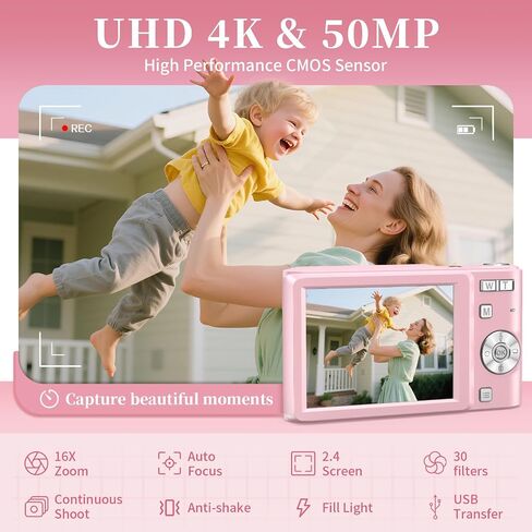 كاميرا رقمية للأطفال، كاميرات رقمية بدقة 50 ميجابكسل بدقة 4K بوينت اند شوت مع بطاقة 32 جيجابايت، تكبير 16X، مضادة للاهتزاز، ختم التاريخ، كاميرات صغيرة محمولة مدمجة للأطفال المبتدئين والمراهقين والبنات والأولاد in Saudi Arabia
